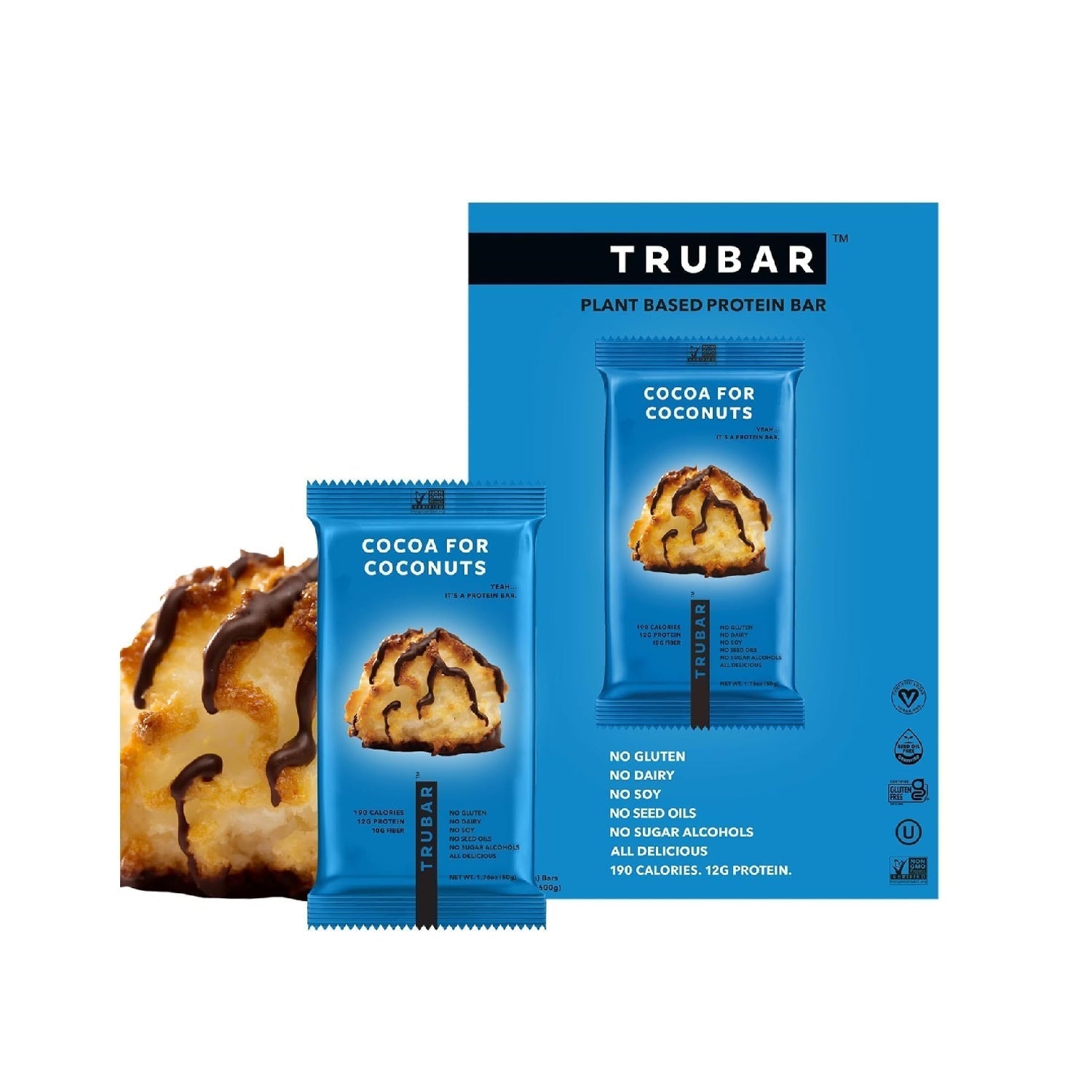 TRUBAR Plant-Based Protein Bar, 12g Protein, 13g Fiber, Vegan, Gluten Free, Non-GMO, Dairy Free, 12 CT