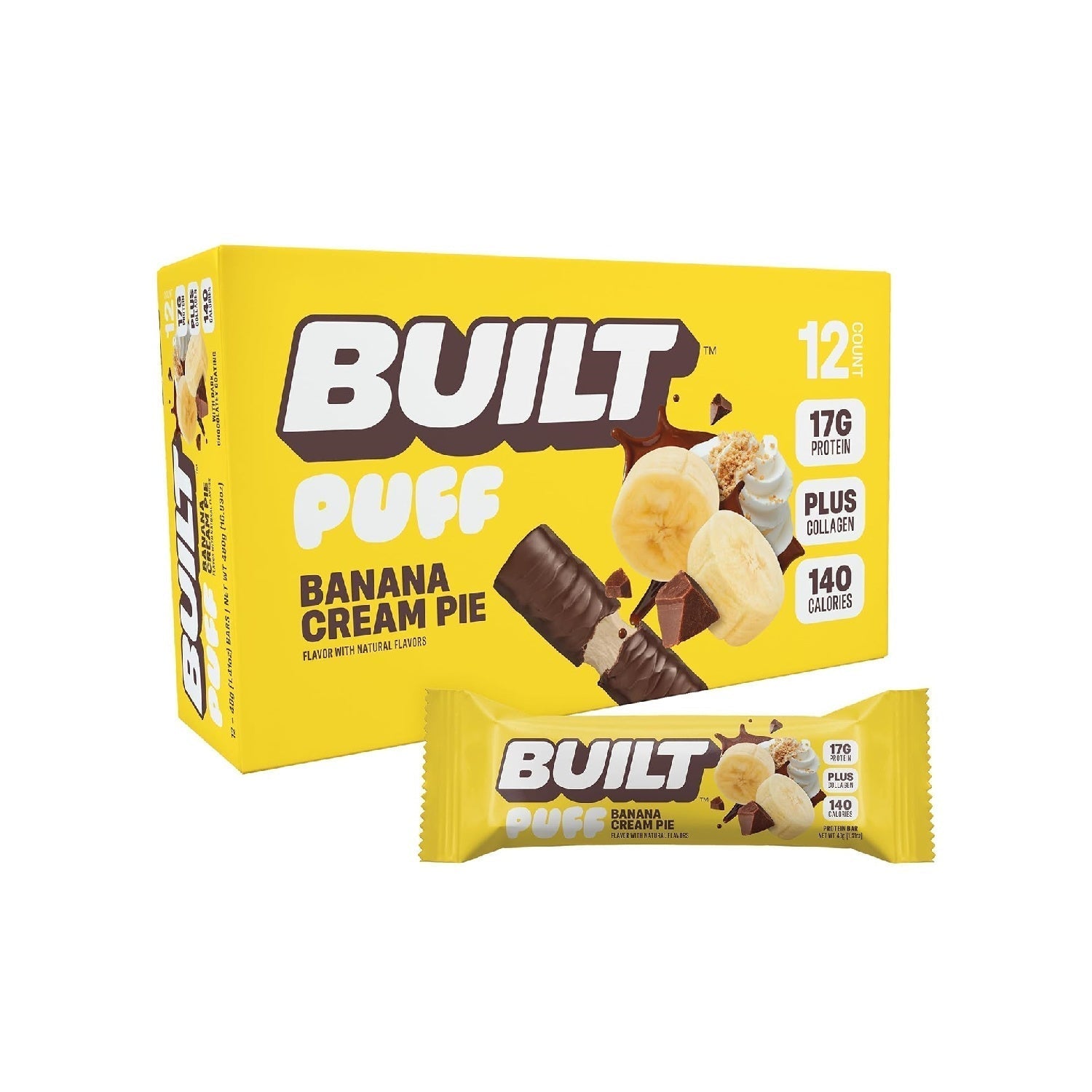 Built Bar, Puff Protein Bars, 17g Protein Snacks,  Only 140 Calories, 6g Sugar, Collagen, Gluten Free, 12 Count