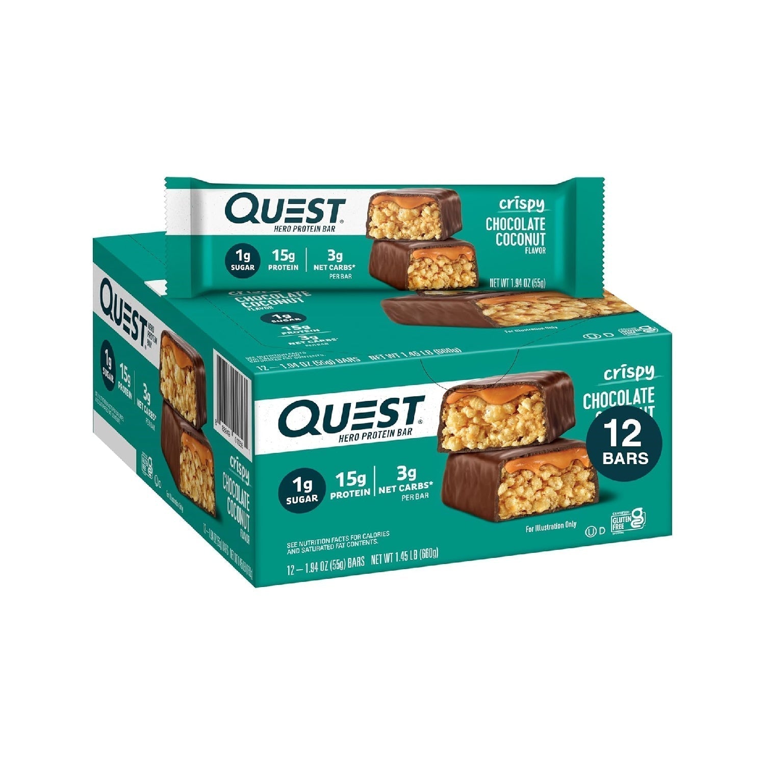 Quest Nutrition Crispy  Hero Protein Bar, 18g Protein, 1g Sugar, 3g Net Carb, Gluten Free Protein Snack,  12 Count