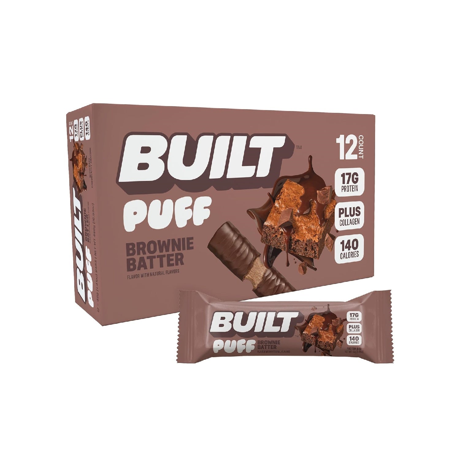 Built Bar, Puff Protein Bars, 17g Protein Snacks,  Only 140 Calories, 6g Sugar, Collagen, Gluten Free, 12 Count