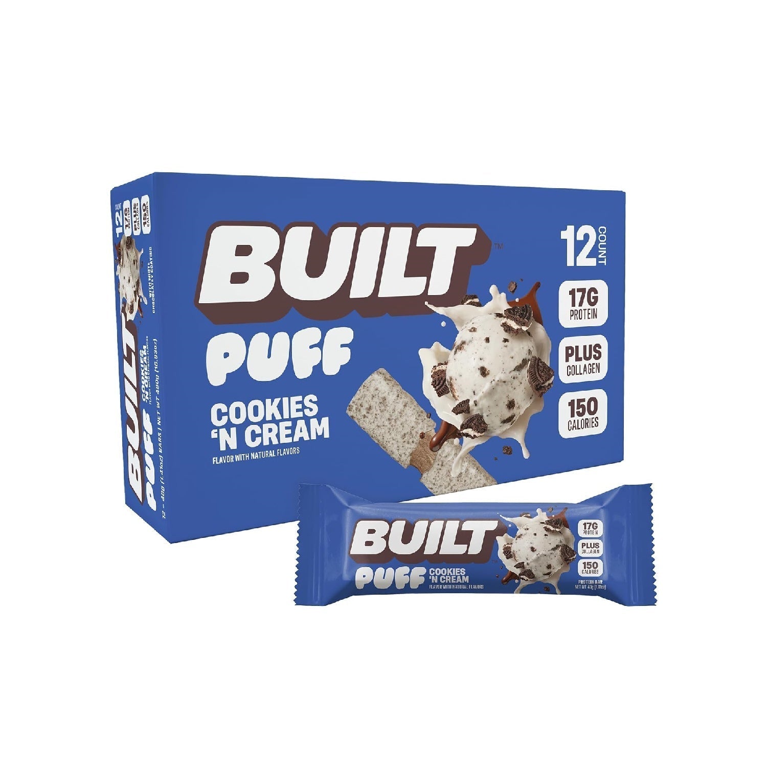 Built Bar, Puff Protein Bars, 17g Protein Snacks,  Only 140 Calories, 6g Sugar, Collagen, Gluten Free, 12 Count