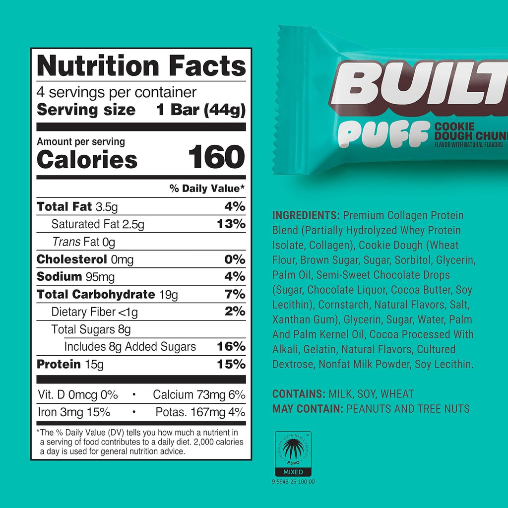 Built Bar Puff Protein Bars – 15g Protein, 160 Calories, 8g Sugar, 12 Count