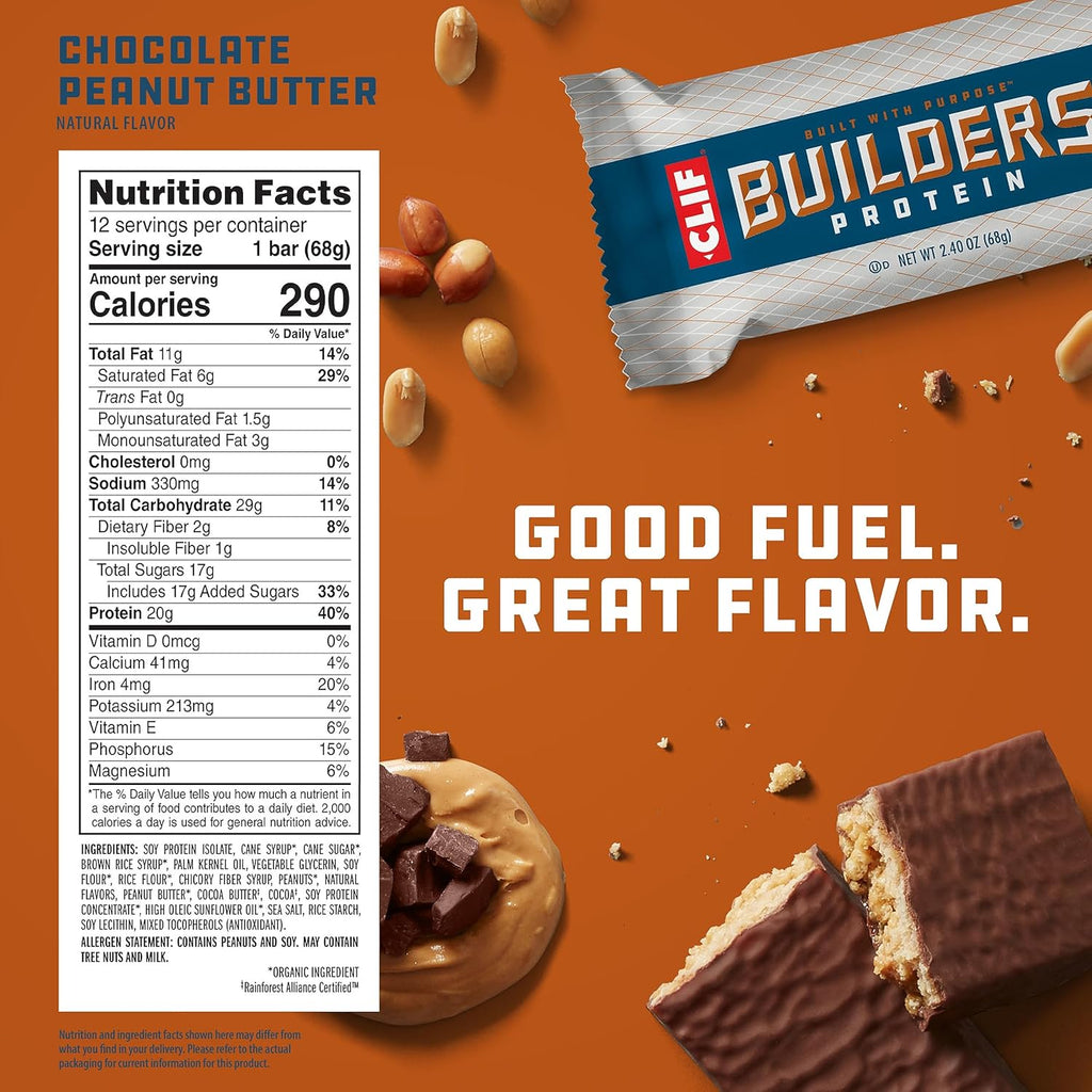 CLIF BUILDERS Protein Bar - Chocolate Peanut Butter - 20g Plant Protein - 2.4 oz (12 Bars)
