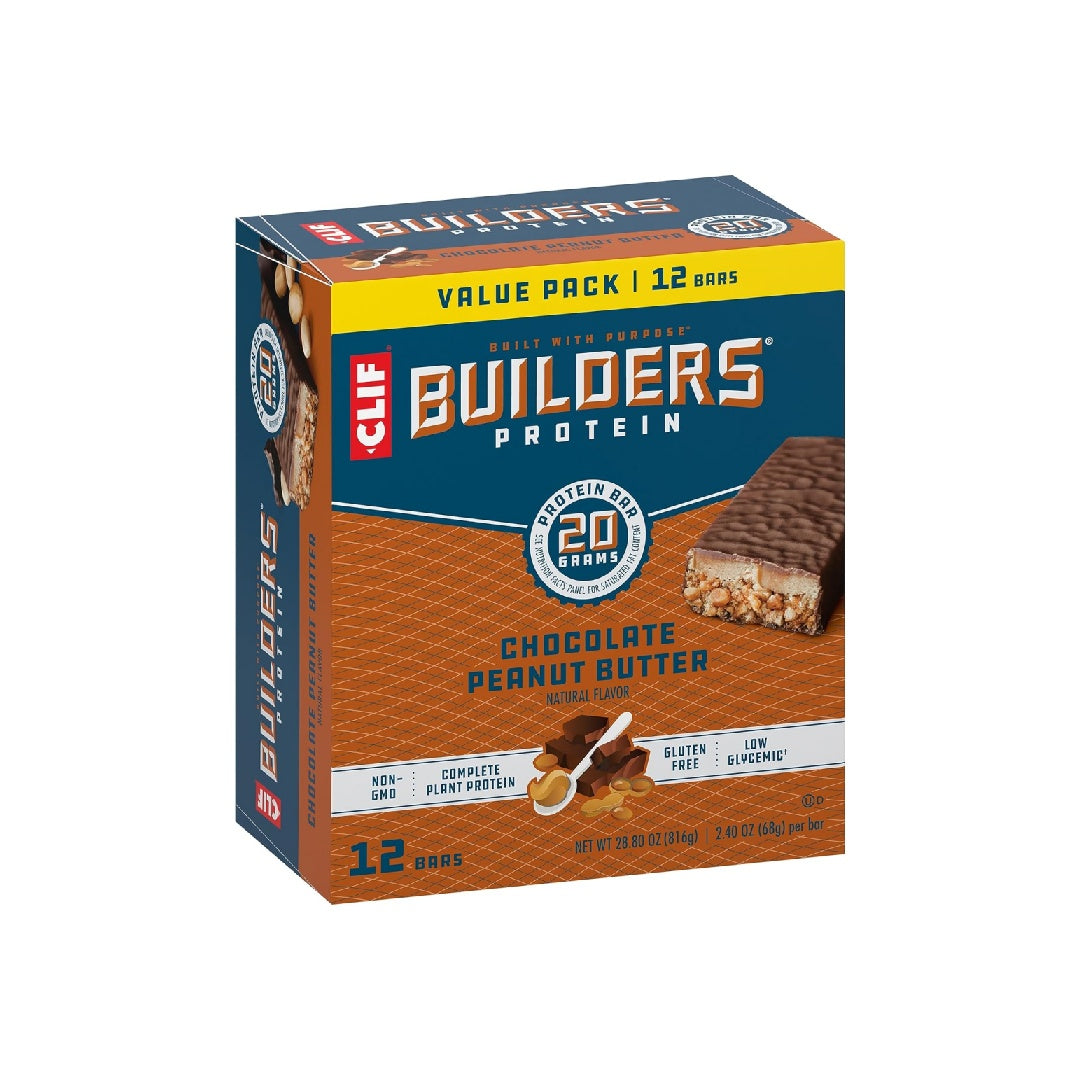 CLIF BUILDERS Protein Bar - Chocolate Peanut Butter - 20g Plant Protein - 2.4 oz (12 Bars)